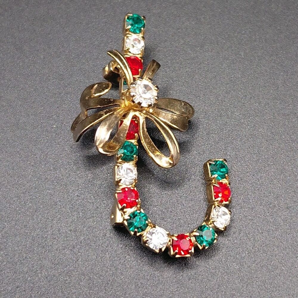 Vintage Candy Cane Red White Green Rhinestone Christmas Holiday Brooch Pin